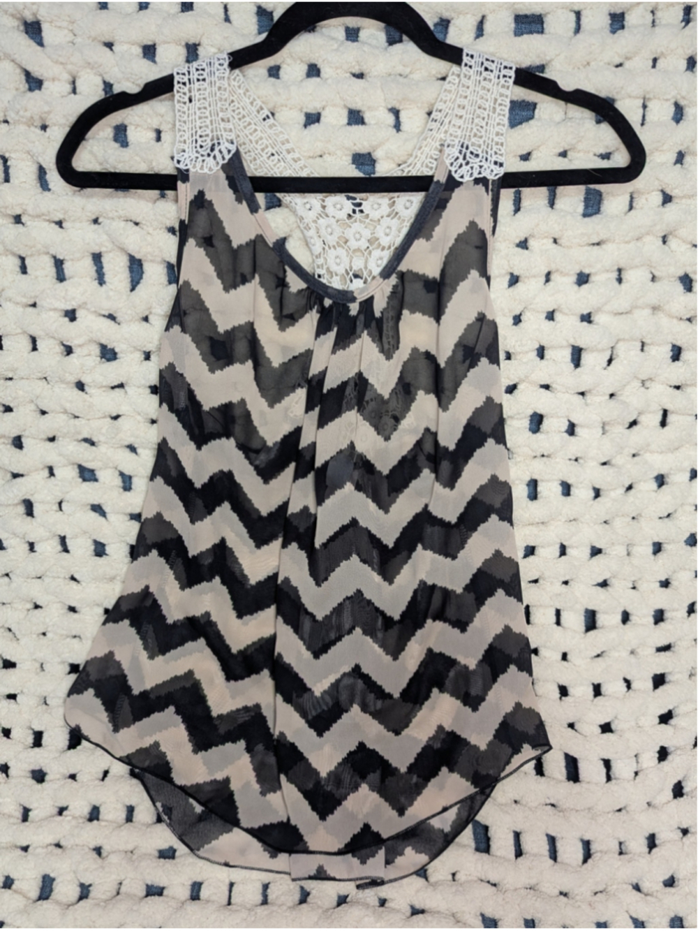 Fashion mag. Black Gray Chevron Sheer Crochet Lace Racerback Tank Womens Medium